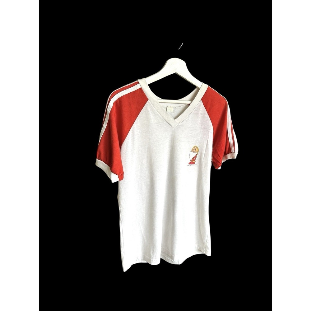 Walt Disney Vintage 70's Sleepy V Neck Shirt Large Ringer Red Distressed Varsity